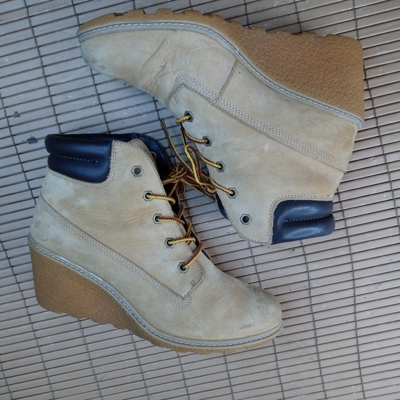Timberland "Amston" Wedge Heel Wheat Nubuck paracord lace lug sole Boots 8251A - Picture 4 of 10